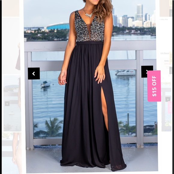 Black Sequin Top Maxi Dress with Side Slit - Picture 1 of 5